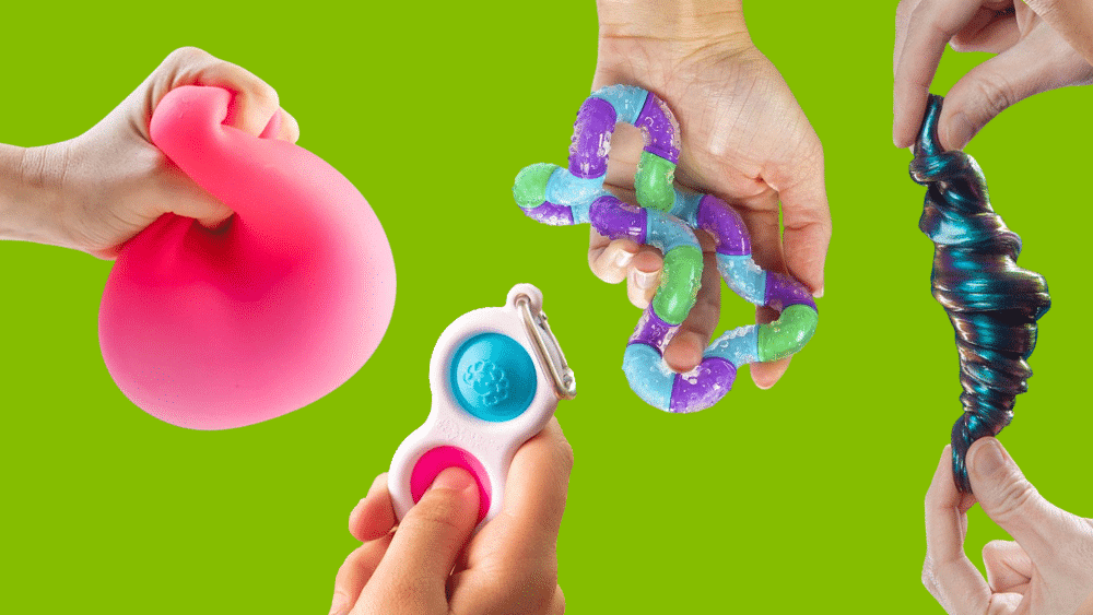 A collection of hands hold bright sensory fidgets