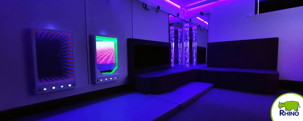 Calming sensory room with interactive wall panels