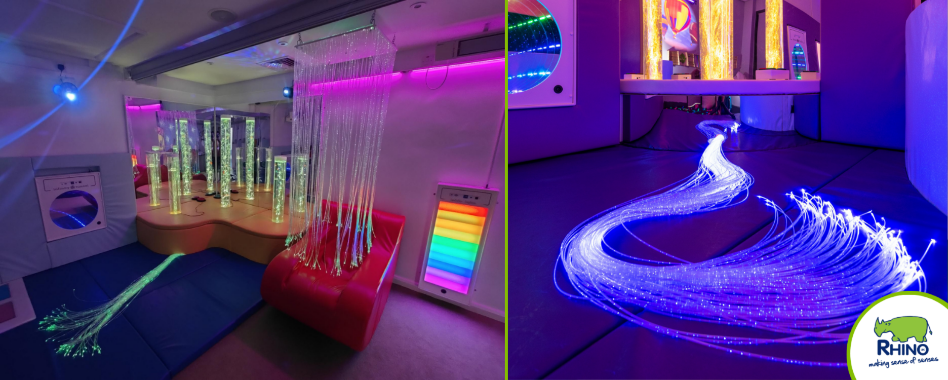To the left: A sensory room with bubble tubes, rocker seat, fibre optic tails and a fibre optic waterfall. To the right: A splay of fibre optic tails extending out from the bottom of a bubble tube podium.