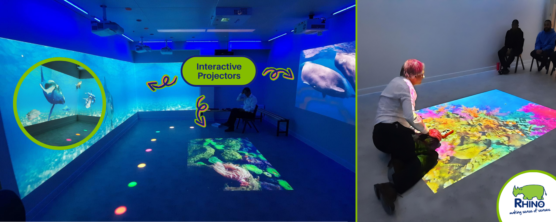 Immersive interactive sensory room at Kensington Queensmill school in london. With ceiling to floor wall projectors.