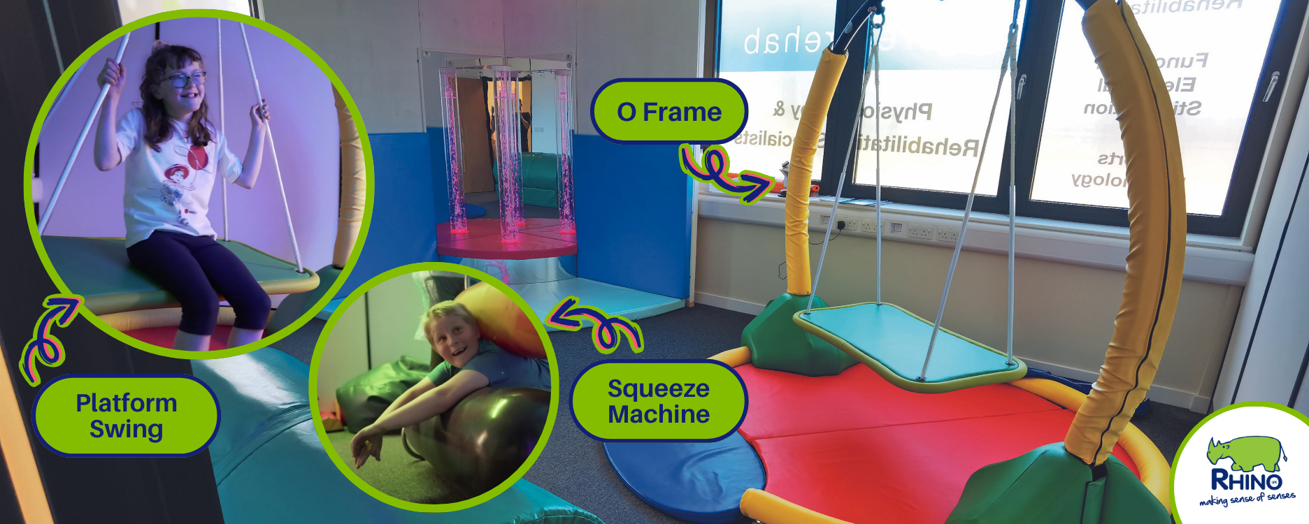 Inside More Rehab's sensory integration room. With a large O frame with platform swing for vestibular development.