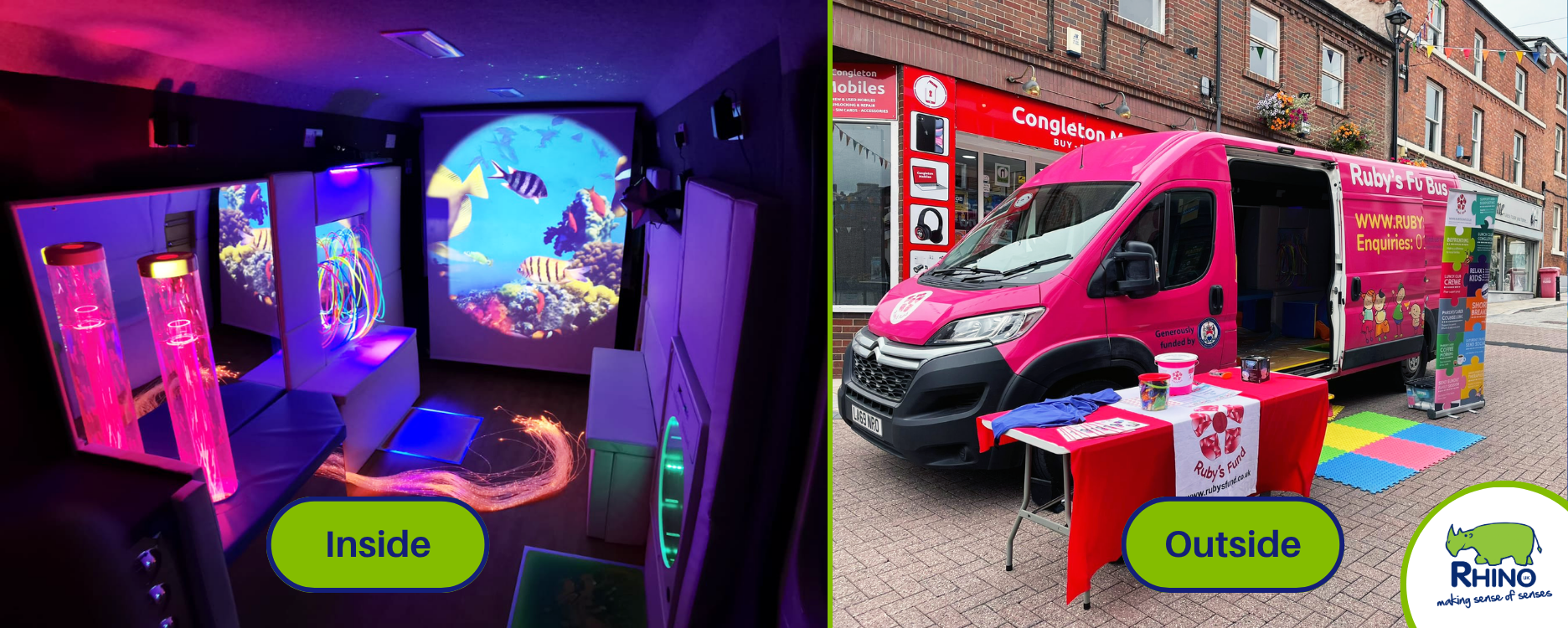 Inside Ruby's Fund's Big Pink Sensory Bus, including hurricane tube, sensory projector and fibre optics.