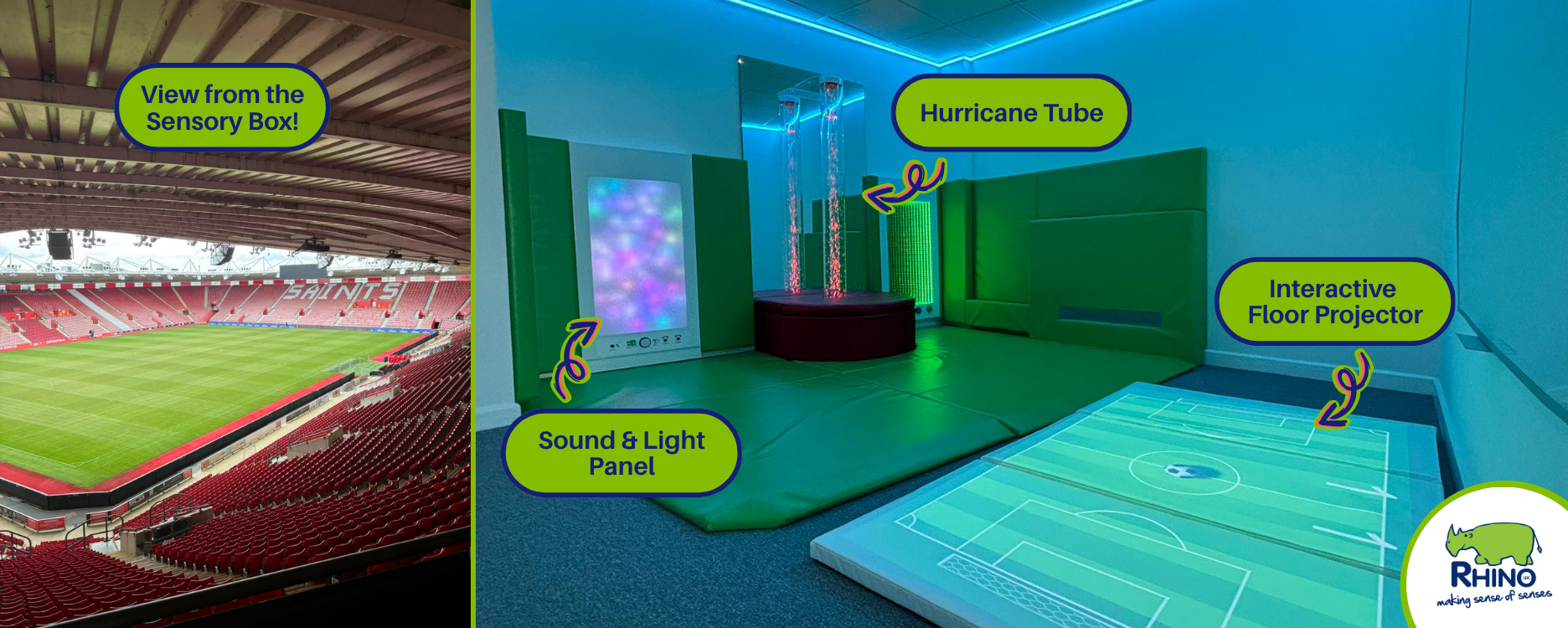 Sensory box viewing area at Southampton FC for fans with disabilities, special needs and sensory processing disorders.