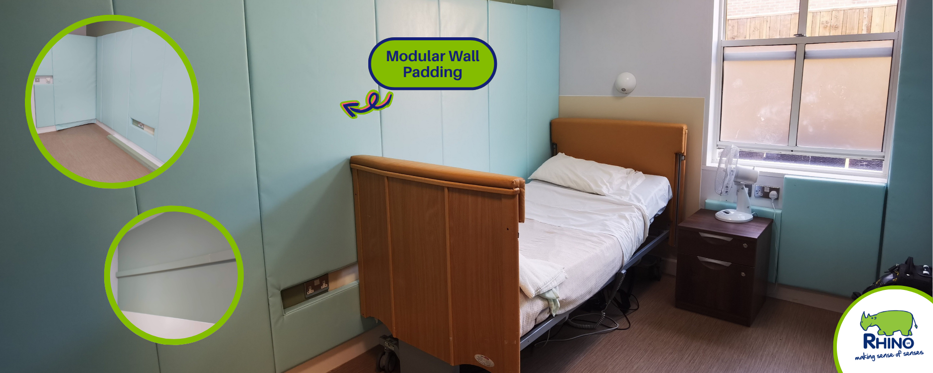 Modular safety wall padding in a bedroom at St Andrew's healthcare.