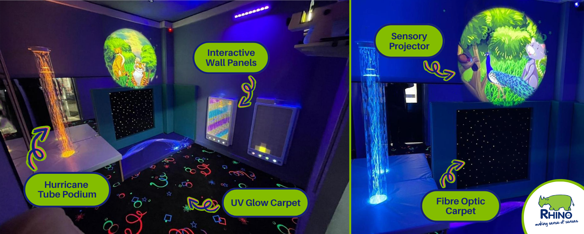 Dark sensory room at Two Rivers Primary School. Filled with glowing UV reactive resources that are great for calming and visual development.